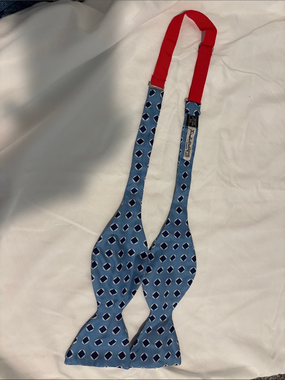 Turnbull and Asser Blue Geometric Silk Bow Tie with Red Adjustable Strap